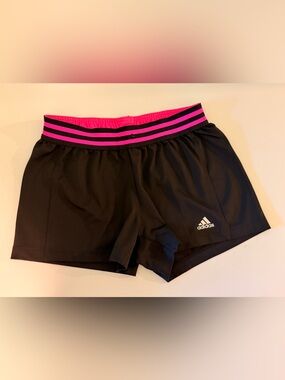 adidas Women's Black Athletic Shorts with Pink Striped Waistband